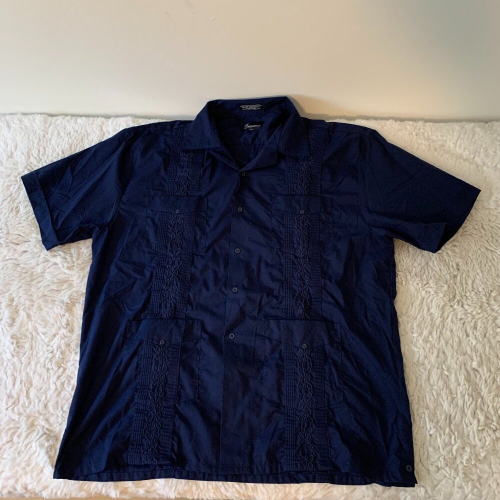 Omega Fashion Cuban Men's Blue Short Sleeve Button Up- Size XL 17-17 1/2